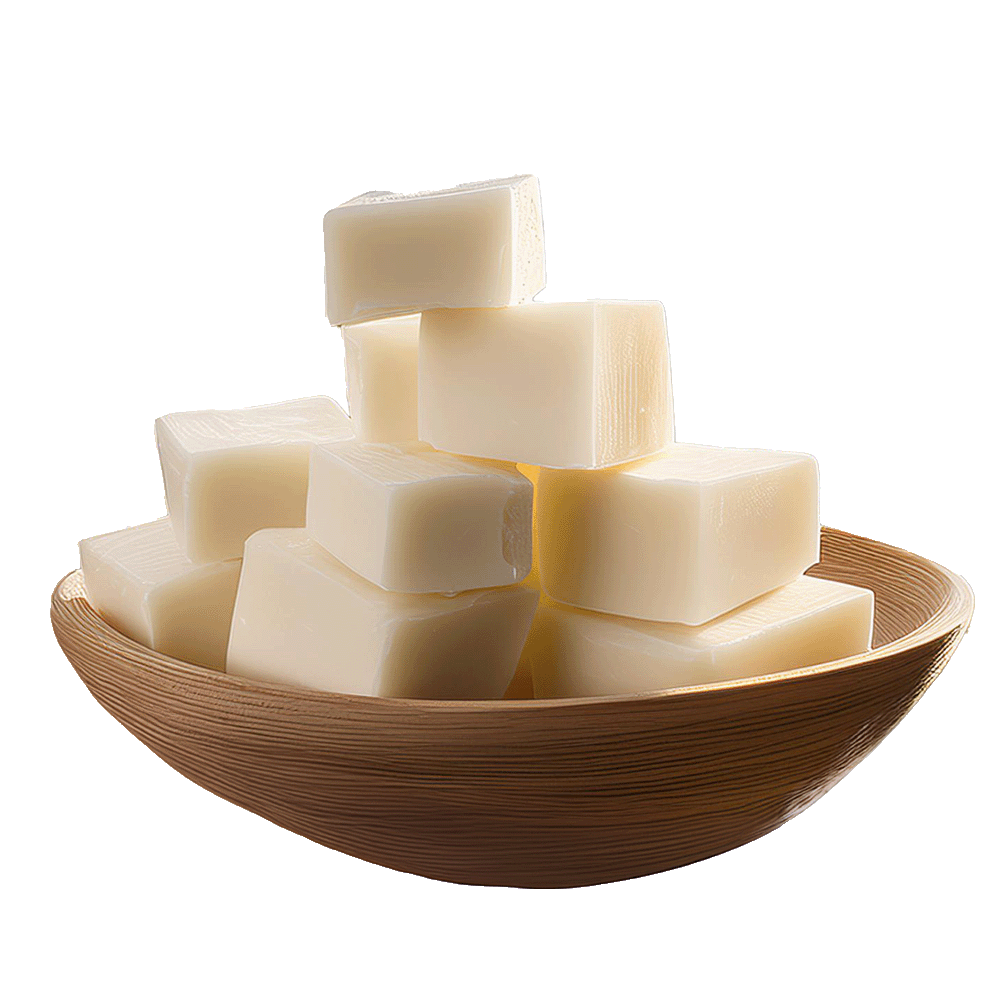 Stack of cubed colorless paraffin wax, inside bamboo bowl.